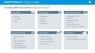 Web Marketing
• Optimização SEO
• SEM
• Colocação de banners
• E-mail Marketing
• Facebook Advertising
• Rede de Afiliação interna
COMPETÊNCIAS | Chave na Mão
• Landing Page
• Banners
• Newslettes
• Facebook Ads
Estratégia Web Design Web Development
• Objectivos
• Comunicação
• Imagem
• Aquisição de Domínios
• Alojamento
• Integração com CRM
• Click To Call
• Acompanhamento 24/7
• Envio de resultados em real time
As soluções 100% chave-na-mão da ActualSales incluem:
• Análise do mercado
• Análise da concorrência
• Consultoria de resultados
• Cliente Mistério
Consultoria Relatórios
• Feedback periódico
• Reporting à medida das necessidades
 