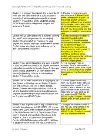 Enhancing the Quality of Post-16 English Education through Online Community Learning
Mrs Jessica E. Goddard Page 38 of 129
Student K is originally from Nepal. She is currently 22
years old. She came to the UK in 2013. Student K
lives in [sic], within walking distance of the college.
Student K lives with her family. Student K studied
iGCSE English at the college here last year and
achieved a D grade.
1. Practice my grammar using
Murphy's guide 2. Remember to
check (and respond to posts) on
the iGCSE English Language
community at least once a week 3.
Find exemplary responses to task,
on the community and compare
this with your own writing. Use this
writing as a model to improve your
own.
Student M is 28 years old and he is currently studying
the Level 3 Music programme. His tutor is [sic].
Student M is originally from France so he uses
English as a second language. Student M has studied
English before, at a higher level, in France but he
didn't complete the programme.
1. Borrow the official coursebook
(as recommended on the
community) 2. Actively engage
with revision materials, advertised
on the community page, by
highlighting key information at
home as well as making notes. 3.
Pay particular attention to
exemplary candidate scripts
posted on the community - and ask
yourself 'why did this learner
achieve a higher grade'?
Student N was born in Nepal and she came to the UK
in 2013. Student N studied iGCSE English here at the
college before and she achieved a Grade D. She was
taught by [sic]. Student N is 21 years old and she
lives in [sic] (walking distance from the college).
Student N lives with her family.
1. To e-mail your Tutor, in
advance, if you're ever unable to
attend a lesson (attendance target:
90%). 2. Check the iGCSE English
Language community at least once
a week.
Student O is 27 years old and she is studying the full-
time Access to Midwifery course. Student O lives in
[sic] and commutes into [sic] to attend college.
Student O's education is primarily from outside the
UK and this is the first time she's studied English in
England. Student O hopes to go onto university, with
her C grade from iGCSE English.
1. Always attend my lessons 2.
Alert your English Tutor, 24 hours
in advance (via e-mail), if you're
unable to attend a lesson; so that
your absence can be authorised.
Also make sure you catch-up on
any work missed 3. Visit the
iGCSE English Google Community
at least once a week, outside the
lesson.
Student P was originally born in Italy. Student P also
works for the college as an LSA (CCPW - 37 hours a
week) within LLDD and Foundation. Student P arrived
in the UK in September 2013. Since Student P has
been in England, she has studied Functional Skills
English at Level 1. Student P has also passed
Functional Skills Mathematics at Level 2. In addition
to Student P's LSA duties, she also studies GCSE
1. Analyse the criteria in order to
see how you can progress 2. At
least once a week check the
iGCSE English Google Community
and find exemplary material
 