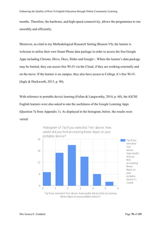 Enhancing the Quality of Post-16 English Education through Online Community Learning
Mrs Jessica E. Goddard Page 70 of 129
months. Therefore, the hardware, and high-speed connectivity, allows the programmes to run
smoothly and efficiently.
Moreover, as cited in my Methodological Research Setting (Reason VI), the learner is
welcome to utilise their own Smart Phone data package in order to access the free Google
Apps including Chrome, Drive, Docs, Slides and Google+. Where the learner’s data package
may be limited, they can access free Wi-Fi via the Cloud, if they are working externally and
on the move. If the learner is on campus, they also have access to College A’s free Wi-Fi
(Ingle & Duckworth, 2013, p. 90).
With reference to portable device learning (Fullan & Langworthy, 2014, p. 60), the iGCSE
English learners were also asked to rate the usefulness of the Google Learning Apps
(Question 7a from Appendix 1). As displayed in the histogram, below, the results were
varied:
 
