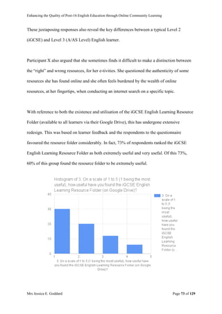 Enhancing the Quality of Post-16 English Education through Online Community Learning
Mrs Jessica E. Goddard Page 73 of 129
These juxtaposing responses also reveal the key differences between a typical Level 2
(iGCSE) and Level 3 (A/AS Level) English learner.
Participant X also argued that she sometimes finds it difficult to make a distinction between
the “right” and wrong resources, for her e-tivities. She questioned the authenticity of some
resources she has found online and she often feels burdened by the wealth of online
resources, at her fingertips, when conducting an internet search on a specific topic.
With reference to both the existence and utilisation of the iGCSE English Learning Resource
Folder (available to all learners via their Google Drive), this has undergone extensive
redesign. This was based on learner feedback and the respondents to the questionnaire
favoured the resource folder considerably. In fact, 73% of respondents ranked the iGCSE
English Learning Resource Folder as both extremely useful and very useful. Of this 73%,
60% of this group found the resource folder to be extremely useful.
 