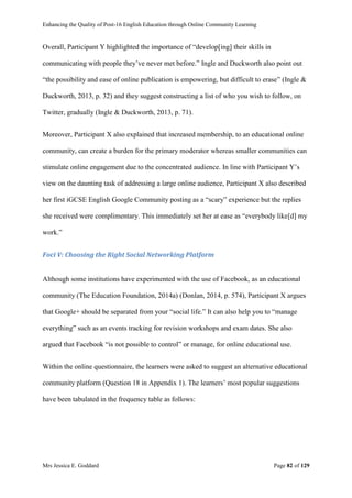 Enhancing the Quality of Post-16 English Education through Online Community Learning
Mrs Jessica E. Goddard Page 82 of 129
Overall, Participant Y highlighted the importance of “develop[ing] their skills in
communicating with people they’ve never met before.” Ingle and Duckworth also point out
“the possibility and ease of online publication is empowering, but difficult to erase” (Ingle &
Duckworth, 2013, p. 32) and they suggest constructing a list of who you wish to follow, on
Twitter, gradually (Ingle & Duckworth, 2013, p. 71).
Moreover, Participant X also explained that increased membership, to an educational online
community, can create a burden for the primary moderator whereas smaller communities can
stimulate online engagement due to the concentrated audience. In line with Participant Y’s
view on the daunting task of addressing a large online audience, Participant X also described
her first iGCSE English Google Community posting as a “scary” experience but the replies
she received were complimentary. This immediately set her at ease as “everybody like[d] my
work.”
Foci V: Choosing the Right Social Networking Platform
Although some institutions have experimented with the use of Facebook, as an educational
community (The Education Foundation, 2014a) (Donlan, 2014, p. 574), Participant X argues
that Google+ should be separated from your “social life.” It can also help you to “manage
everything” such as an events tracking for revision workshops and exam dates. She also
argued that Facebook “is not possible to control” or manage, for online educational use.
Within the online questionnaire, the learners were asked to suggest an alternative educational
community platform (Question 18 in Appendix 1). The learners’ most popular suggestions
have been tabulated in the frequency table as follows:
 