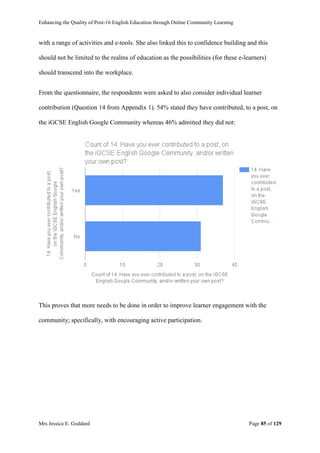 Enhancing the Quality of Post-16 English Education through Online Community Learning
Mrs Jessica E. Goddard Page 85 of 129
with a range of activities and e-tools. She also linked this to confidence building and this
should not be limited to the realms of education as the possibilities (for these e-learners)
should transcend into the workplace.
From the questionnaire, the respondents were asked to also consider individual learner
contribution (Question 14 from Appendix 1). 54% stated they have contributed, to a post, on
the iGCSE English Google Community whereas 46% admitted they did not:
This proves that more needs to be done in order to improve learner engagement with the
community; specifically, with encouraging active participation.
 