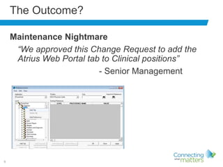 9
The Outcome?
Maintenance Nightmare
“We approved this Change Request to add the
Atrius Web Portal tab to Clinical positions”
- Senior Management
 