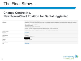 12
The Final Straw…
Change Control No. -
New PowerChart Position for Dental Hygienist
 