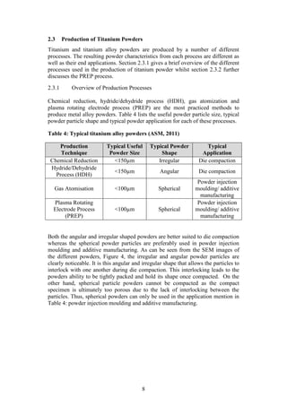 8
2.3 Production of Titanium Powders
Titanium and titanium alloy powders are produced by a number of different
processes. The resulting powder characteristics from each process are different as
well as their end applications. Section 2.3.1 gives a brief overview of the different
processes used in the production of titanium powder whilst section 2.3.2 further
discusses the PREP process.
2.3.1 Overview of Production Processes
Chemical reduction, hydride/dehydride process (HDH), gas atomization and
plasma rotating electrode process (PREP) are the most practiced methods to
produce metal alloy powders. Table 4 lists the useful powder particle size, typical
powder particle shape and typical powder application for each of these processes.
Table 4: Typical titanium alloy powders (ASM, 2011)
Production
Technique
Typical Useful
Powder Size
Typical Powder
Shape
Typical
Application
Chemical Reduction <150µm Irregular Die compaction
Hydride/Dehydride
Process (HDH)
<150µm Angular Die compaction
Gas Atomisation <100µm Spherical
Powder injection
moulding/ additive
manufacturing
Plasma Rotating
Electrode Process
(PREP)
<100µm Spherical
Powder injection
moulding/ additive
manufacturing
Both the angular and irregular shaped powders are better suited to die compaction
whereas the spherical powder particles are preferably used in powder injection
moulding and additive manufacturing. As can be seen from the SEM images of
the different powders, Figure 4, the irregular and angular powder particles are
clearly noticeable. It is this angular and irregular shape that allows the particles to
interlock with one another during die compaction. This interlocking leads to the
powders ability to be tightly packed and hold its shape once compacted. On the
other hand, spherical particle powders cannot be compacted as the compact
specimen is ultimately too porous due to the lack of interlocking between the
particles. Thus, spherical powders can only be used in the application mention in
Table 4: powder injection moulding and additive manufacturing.
 