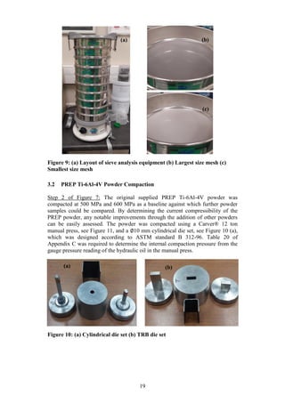 19
Figure 9: (a) Layout of sieve analysis equipment (b) Largest size mesh (c)
Smallest size mesh
3.2 PREP Ti-6Al-4V Powder Compaction
Step 2 of Figure 7: The original supplied PREP Ti-6Al-4V powder was
compacted at 500 MPa and 600 MPa as a baseline against which further powder
samples could be compared. By determining the current compressibility of the
PREP powder, any notable improvements through the addition of other powders
can be easily assessed. The powder was compacted using a Carver® 12 ton
manual press, see Figure 11, and a ∅10 mm cylindrical die set, see Figure 10 (a),
which was designed according to ASTM standard B 312-96. Table 20 of
Appendix C was required to determine the internal compaction pressure from the
gauge pressure reading of the hydraulic oil in the manual press.
Figure 10: (a) Cylindrical die set (b) TRB die set
(a) (b)
(a) (b)
(c)
 