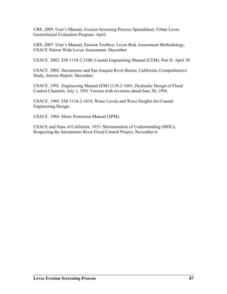 Levee Erosion Screening Process 87
URS. 2009. User’s Manual, Erosion Screening Process Spreadsheet, Urban Levee
Geotechnical Evaluation Program. April.
URS. 2007. User’s Manual, Erosion Toolbox: Levee Risk Assessment Methodology,
USACE Nation Wide Levee Assessment. December.
USACE. 2002. EM 1110-2-1100, Coastal Engineering Manual (CEM), Part II. April 30.
USACE. 2002. Sacramento and San Joaquin River Basins, California, Comprehensive
Study, Interim Report. December.
USACE. 1991. Engineering Manual (EM) 1110-2-1601, Hydraulic Design of Flood
Control Channels. July 1, 1991 Version with revisions dated June 30, 1994.
USACE. 1989. EM 1110-2-1414, Water Levels and Wave Heights for Coastal
Engineering Design.
USACE. 1984. Shore Protection Manual (SPM).
USACE and State of California. 1953. Memorandum of Understanding (MOU),
Respecting the Sacramento River Flood Control Project, November 6.
 
