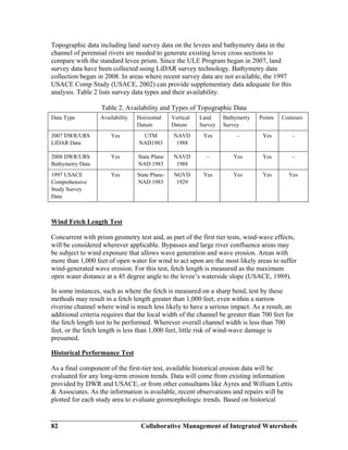 Collaborative Management of Integrated Watersheds82
Topographic data including land survey data on the levees and bathymetry data in the
channel of perennial rivers are needed to generate existing levee cross sections to
compare with the standard levee prism. Since the ULE Program began in 2007, land
survey data have been collected using LiDAR survey technology. Bathymetry data
collection began in 2008. In areas where recent survey data are not available, the 1997
USACE Comp Study (USACE, 2002) can provide supplementary data adequate for this
analysis. Table 2 lists survey data types and their availability.
Table 2. Availability and Types of Topographic Data
Data Type Availability Horizontal
Datum
Vertical
Datum
Land
Survey
Bathymetry
Survey
Points Contours
2007 DWR/URS
LIDAR Data
Yes UTM
NAD1983
NAVD
1988
Yes – Yes –
2008 DWR/URS
Bathymetry Data
Yes State Plane
NAD 1983
NAVD
1988
– Yes Yes –
1997 USACE
Comprehensive
Study Survey
Data
Yes State Plane-
NAD 1983
NGVD
1929
Yes Yes Yes Yes
Wind Fetch Length Test
Concurrent with prism geometry test and, as part of the first tier tests, wind-wave effects,
will be considered wherever applicable. Bypasses and large river confluence areas may
be subject to wind exposure that allows wave generation and wave erosion. Areas with
more than 1,000 feet of open water for wind to act upon are the most likely areas to suffer
wind-generated wave erosion. For this test, fetch length is measured as the maximum
open water distance at a 45 degree angle to the levee’s waterside slope (USACE, 1989).
In some instances, such as where the fetch is measured on a sharp bend, test by these
methods may result in a fetch length greater than 1,000 feet, even within a narrow
riverine channel where wind is much less likely to have a serious impact. As a result, an
additional criteria requires that the local width of the channel be greater than 700 feet for
the fetch length test to be performed. Wherever overall channel width is less than 700
feet, or the fetch length is less than 1,000 feet, little risk of wind-wave damage is
presumed.
Historical Performance Test
As a final component of the first-tier test, available historical erosion data will be
evaluated for any long-term erosion trends. Data will come from existing information
provided by DWR and USACE, or from other consultants like Ayres and William Lettis
& Associates. As the information is available, recent observations and repairs will be
plotted for each study area to evaluate geomorphologic trends. Based on historical
 