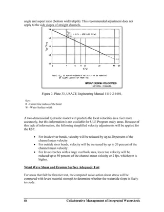 Collaborative Management of Integrated Watersheds84
angle and aspect ratio (bottom width/depth). This recommended adjustment does not
apply to the side slopes of straight channels.
Figure 3. Plate 33, USACE Engineering Manual 1110-2-1601.
Key:
R - Center-line radius of the bend
W - Water Surface width
A two-dimensional hydraulic model will predicts the local velocities in a river more
accurately, but this information is not available for ULE Program study areas. Because of
this lack of information, the following simplified velocity adjustments will be applied for
the ESP.
• For inside river bends, velocity will be reduced by up to 20 percent of the
channel mean velocity.
• For outside river bends, velocity will be increased by up to 20 percent of the
channel mean velocity.
• For levee reaches with a large overbank area, levee toe velocity will be
reduced up to 50 percent of the channel mean velocity or 2 fps, whichever is
higher.
Wind Wave Shear and Erosion Surface Adequacy Test
For areas that fail the first-tier test, the computed wave action shear stress will be
compared with levee material strength to determine whether the waterside slope is likely
to erode.
 