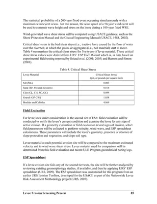 Levee Erosion Screening Process 85
The statistical probability of a 200-year flood event occurring simultaneously with a
maximum wind event is low. For that reason, the wind speed of a 50-year wind event will
be used to compute wave height and stress on the levee during a 100-year flood WSE.
Wind-generated wave shear stress will be computed using USACE guidance, such as the
Shore Protection Manual and the Coastal Engineering Manual (USACE, 1984, 2002).
Critical shear stress is the bed shear stress (i.e., tractive force caused by the flow of water
over the riverbed) at which the grains or aggregates (i.e., bed material) start to move.
Table 4 summarizes the critical shear stress for five types of levee material. These critical
shear stress values were derived from URS’ ESP User Manual which is, in turn, based on
experimental field testing reported by Briaud et al. (2001; 2003) and Hanson and Simon
(2001).
Table 4. Critical Shear Stress
Levee Material Critical Shear Stress
(psf, or pounds per square foot)
Silt (ML) 0.003
Sand (SP, SM and mixtures) 0.014
Clay (CL, CH, SC, GC) 0.094
Gravel (GP-GW) 1.058
Boulder and Cobbles 4.869
Field Evaluation
For levee sites under consideration in the second tier of ESP, field evaluation will be
conducted to verify the levee’s current condition and examine the levee for any sign of
active erosion. If a geometry evaluation or field evaluation reveal signs of erosion, select
field parameters will be collected to perform velocity, wind-wave, and ESP spreadsheet
calculations. These parameters will include the levee’s geometry, presence or absence of
slope protection and vegetation, and slope soil type.
Levee material at each potential erosion site will be compared to the maximum estimated
velocity and to wind wave shear stress. Levee material used for comparison will be
determined from this field evaluation and recent ULE Program geotechnical boring logs.
ESP Spreadsheet
If a levee erosion site fails any of the second tier tests, the site will be further analyzed by
reviewing existing geomorphology studies, if available, and then by applying URS’ ESP
spreadsheet (URS, 2009). The ESP spreadsheet was customized for this program from an
earlier URS Erosion Toolbox, developed for the USACE as part of the Nationwide Levee
Risk Assessment Methodology project (URS, 2007).
 
