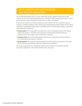 WHY CHOOSE SUN LIFE FINANCIAL
FOR PAYOUT ANNUITIES?
You can have guaranteed income to suit your needs when you buy a payout annuity from Sun Life
Financial. You can also feel good knowing that your investment is with a company whose roots in Canada
go back 140 years. Today, we provide financial security to millions of Canadians.
Along with our experience and financial stability, Sun Life Financial is the most trusted life insurance
company in Canada according to a Harris/Decima poll. Commissioned by Reader’s Digest, the poll named
us the Most Trusted Brand in Life Insurance in both 2010 and 2011. The poll asked Canadians, unprompted,
which brands they trusted most.
Product quality: 97% of respondents who selected Sun Life as a trusted brand believe that offering
a high quality product is important to the reputation of a brand; 94% indicated that offering
products/services that are good value for the money is important.
Customer service: 94% said that offering good customer service and product and service backing
(i.e. standing behind the product) is important.
Brand experience: having a positive personal experience with the brand was important to 93%, while
89% felt that the trustworthiness of the brand impacted brand reputation.
We are also recognized for our sustainability. In 2010 we were named one of the Global 100 Most
Sustainable Corporations in the world for the fifth time in seven years.
8 YOUR GUIDE TO PAYOUT ANNUITIES
 