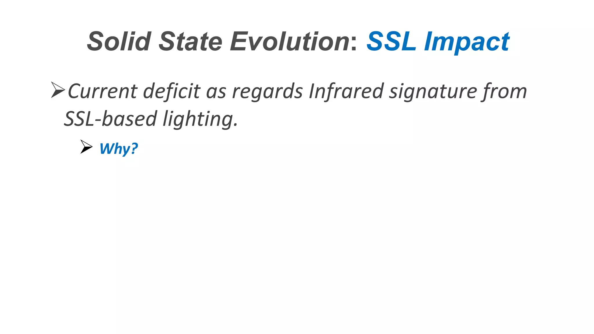 Confidential – Do Not Distribute
Copyright – Flight Spectrum, Inc. & Nav-SSL, LLC
Solid State Evolution: SSL Impact
Current deficit as regards Infrared signature from
SSL-based lighting.
 Why?
 