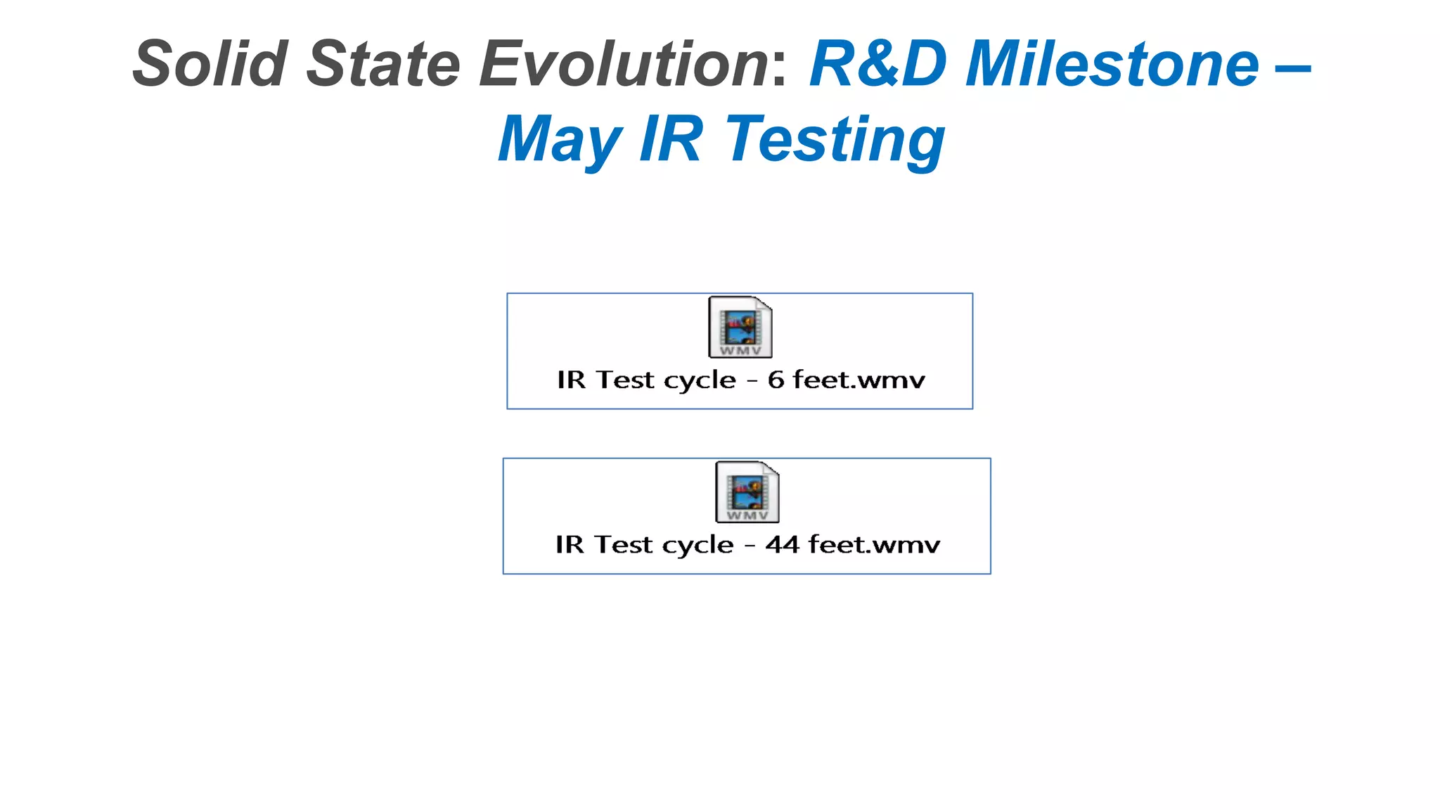 Confidential – Do Not Distribute
Copyright – Flight Spectrum, Inc. & Nav-SSL, LLC
Solid State Evolution: R&D Milestone –
May IR Testing
 