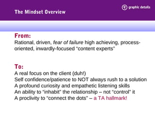 The Mindset Overview
From:
Rational, driven, fear of failure high achieving, process-
oriented, inwardly-focused “content experts”
To:
A real focus on the client (duh!)
Self confidence/patience to NOT always rush to a solution
A profound curiosity and empathetic listening skills
An ability to “inhabit” the relationship – not “control” it
A proclivity to “connect the dots” – a TA hallmark!
 
