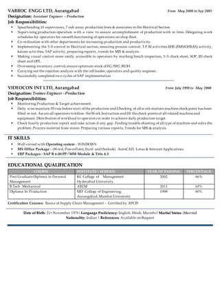 VARROC ENGG LTD, Aurangabad From May 2000 to Sep 2005
DDeessiiggnnaattiioonn:: Assistant Engineer – Production
JJoobb RReessppoonnssiibbiilliittiieess::
 Spearheading 10 supervisors, 7 sub assay production lines & associates in the Electrical Section.
 Supervising production operation with a view to ensure accomplishment of production with in time. Delegating work
schedules for operators for smooth functioning of operations on shop floor.
 Co-ordination with other departments for increasing production and productivity.
 Implementing the 5-S control in Electrical section, ensuring process control, T.P.M activities.EHS (EMS/OHSAS) activity,
kaizen activities, SAP activity, preparing reports , trends for MIS & analysis.
 Making visual control more easily accessible to operators by marking bench inspection, 3 -S check sheet, SOP, JH check
sheet and OPL.
 Overseeing inventory control; ensure optimum stock of FG /SFG /ROH
 Carrying out the rejection analysis with the cell leader, operators and quality engineer.
 Successfully completed two cycles of SAP implementation
VIDEOCON INT LTD, Aurangabad From July 1998 to May 2000
DDeessiiggnnaattiioonn:: Trainee Engineer –Production
JJoobb RReessppoonnssiibbiilliittiieess::
 Monitoring Production & Target achievement.
 Daily wisemaintain 5S rule before start of the production and Checking of all work stations machinecheck point has been
filled or not. Awareall operators tofollow theWork Instruction and fill thecheck points of all related machineand
equipment. Distribution of workload to operators in order to achieve daily production target.
 Check hourly production report and take action if any gap. Finding trouble shooting of all type of machine and solve the
problem. Procure material from stores. Preparing various reports, Trends for MIS & analysis.
IITT SSKKIILLLLSS
 Well versed with Operating system - WINDOWS
 MS Office Package – (Word, PowerPoint,Excel and Outlook) AutoCAD, Lotus & Internet Applications
 ERP Packages - SAP R 6.00 PP / MM Module & T@is 4.3
EEDDUUCCAATTIIOONNAALL QQUUAALLIIFFIICCAATTIIOONN
COURSE INSTITUTE / SCHOOL YEAR OF PASSING PERCENTAGE
Post GraduateDiploma in Personal
Management
KC College of Management
Hyderabad University
2002 66%
B.Tech Mechanical AECM 2011 68%
Diploma In Production MIT College of Engineering,
Aurangabad,Mumbai University
1998 60%
Certification Courses: Basics of Supply Chain Management - Certified by APCIS
DDaattee ooff BBiirrtthh:: 21st November 1976| LLaanngguuaaggee PPrrooffiicciieennccyy:: English, Hindi, Marathi| MMaarriittaall SSttaattuuss ::MMaarrrriieedd
NNaattiioonnaalliittyy:: Indian || RReeffeerreenncceess:: Available on Request
 