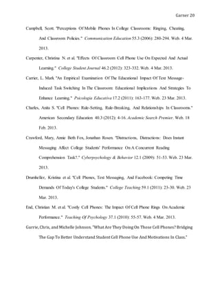 Garner 20
Campbell, Scott. "Perceptions Of Mobile Phones In College Classrooms: Ringing, Cheating,
And Classroom Policies." Communication Education 55.3 (2006): 280-294. Web. 4 Mar.
2013.
Carpenter, Christina N. et al. "Effects Of Classroom Cell Phone Use On Expected And Actual
Learning." College Student Journal 46.2 (2012): 323-332. Web. 4 Mar. 2013.
Carrier, L. Mark "An Empirical Examination Of The Educational Impact Of Text Message-
Induced Task Switching In The Classroom: Educational Implications And Strategies To
Enhance Learning." Psicologia Educativa 17.2 (2011): 163-177. Web. 23 Mar. 2013.
Charles, Anita S. "Cell Phones: Rule-Setting, Rule-Breaking, And Relationships In Classrooms."
American Secondary Education 40.3 (2012): 4-16. Academic Search Premier. Web. 18
Feb. 2013.
Crawford, Mary, Annie Beth Fox, Jonathan Rosen. "Distractions, Distractions: Does Instant
Messaging Affect College Students' Performance On A Concurrent Reading
Comprehension Task?." Cyberpsychology & Behavior 12.1 (2009): 51-53. Web. 23 Mar.
2013.
Drumheller, Kristina et al. "Cell Phones, Text Messaging, And Facebook: Competing Time
Demands Of Today's College Students." College Teaching 59.1 (2011): 23-30. Web. 23
Mar. 2013.
End, Christian M. et al. "Costly Cell Phones: The Impact Of Cell Phone Rings On Academic
Performance." Teaching Of Psychology 37.1 (2010): 55-57. Web. 4 Mar. 2013.
Gurrie, Chris, and Michelle Johnson. "What Are They Doing On Those Cell Phones? Bridging
The Gap To Better Understand Student Cell Phone Use And Motivations In Class."
 
