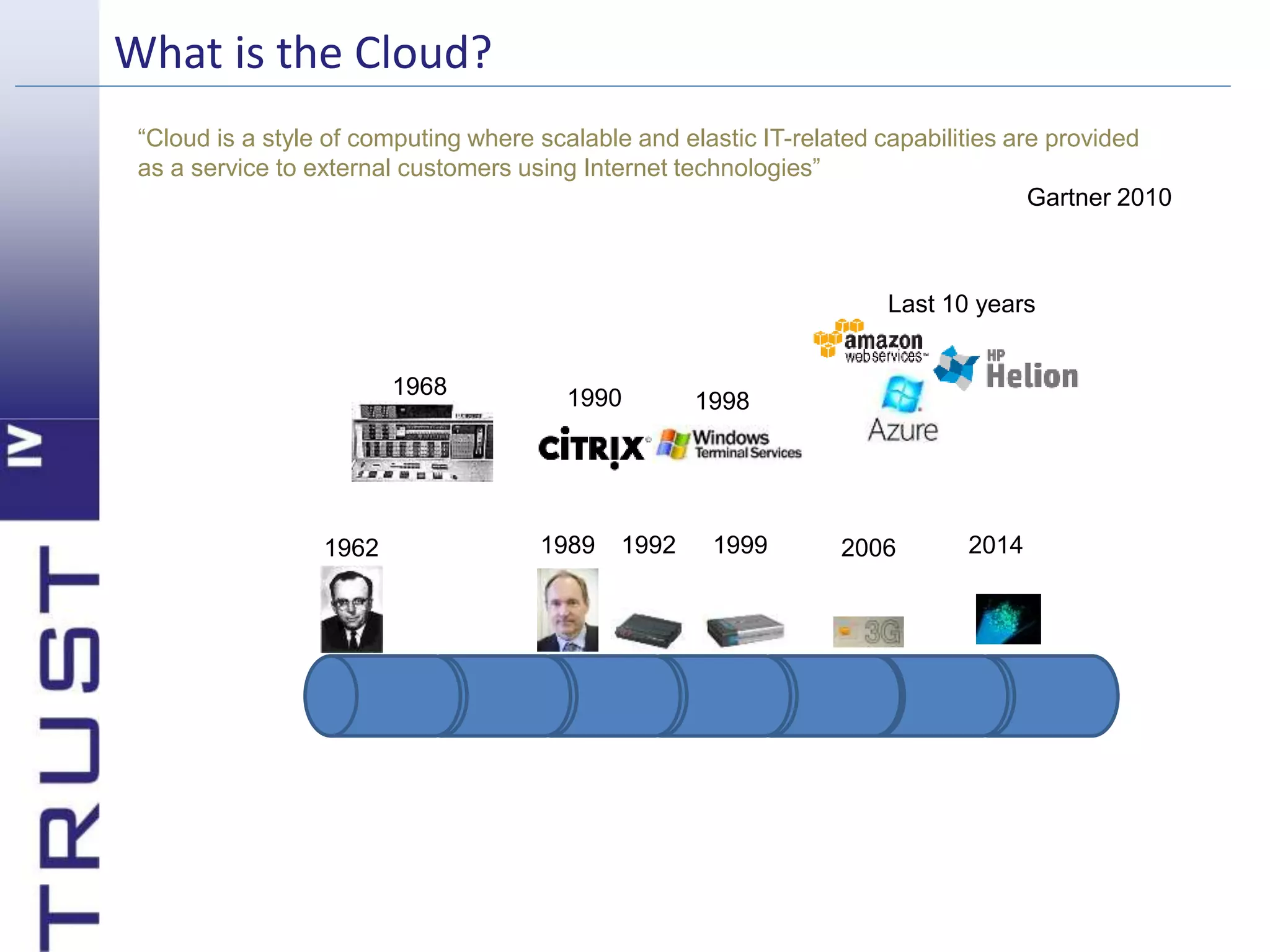 What is the Cloud? 
“Cloud is a style of computing where scalable and elastic IT-related capabilities are provided 
as a service to external customers using Internet technologies” 
Gartner 2010 
1968 1990 1998 
Last 10 years 
1962 1989 1992 1999 2006 2014 
 