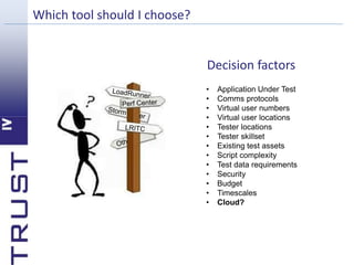 Which tool should I choose? 
Decision factors 
• Application Under Test 
• Comms protocols 
• Virtual user numbers 
• Virtual user locations 
• Tester locations 
• Tester skillset 
• Existing test assets 
• Script complexity 
• Test data requirements 
• Security 
• Budget 
• Timescales 
• Cloud? 
 
