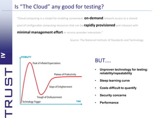 Is “The Cloud” any good for testing? 
“Cloud computing is a model for enabling convenient, on-demandnetwork access to a shared 
pool of configurable computing resources that can be rapidly provisioned and released with 
minimal management effort or service provider interaction.” 
Source: The National Institute of Standards and Technology 
BUT…. 
• Unproven technology for testing: 
reliability/repeatability 
• Steep learning curve 
• Costs difficult to quantify 
• Security concerns 
• Performance 
 