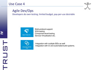 Use Case 4 
Agile Dev/Ops 
Developers do own testing, limited budget, pay-per-use desirable 
Multi-protocol support. 
SOA testing 
Component-level testing 
Service Virtualisation etc. 
Integration with multiple IDEs as well 
Integration with CI and automated build systems. 
 