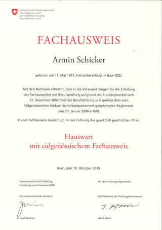 Fachausweis Hauswart Armin Schicker