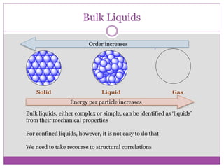 Bulk Liquids
Solid Liquid Gas
Energy per particle increases
Order increases
Bulk liquids, either complex or simple, can be identified as ‘liquids’
from their mechanical properties
For confined liquids, however, it is not easy to do that
We need to take recourse to structural correlations
 