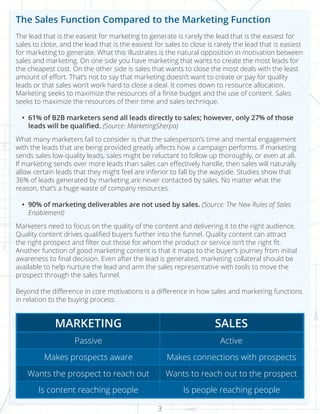 3
The Sales Function Compared to the Marketing Function
The lead that is the easiest for marketing to generate is rarely the lead that is the easiest for
sales to close, and the lead that is the easiest for sales to close is rarely the lead that is easiest
for marketing to generate. What this illustrates is the natural opposition in motivation between
sales and marketing. On one side you have marketing that wants to create the most leads for
the cheapest cost. On the other side is sales that wants to close the most deals with the least
amount of effort. That’s not to say that marketing doesn’t want to create or pay for quality
leads or that sales won’t work hard to close a deal. It comes down to resource allocation.
Marketing seeks to maximize the resources of a finite budget and the use of content. Sales
seeks to maximize the resources of their time and sales technique.
•	 61% of B2B marketers send all leads directly to sales; however, only 27% of those
leads will be qualified. (Source: MarketingSherpa)
What many marketers fail to consider is that the salesperson’s time and mental engagement
with the leads that are being provided greatly affects how a campaign performs. If marketing
sends sales low-quality leads, sales might be reluctant to follow up thoroughly, or even at all.
If marketing sends over more leads than sales can effectively handle, then sales will naturally
allow certain leads that they might feel are inferior to fall by the wayside. Studies show that
36% of leads generated by marketing are never contacted by sales. No matter what the
reason, that’s a huge waste of company resources.
•	 90% of marketing deliverables are not used by sales. (Source: The New Rules of Sales
Enablement)
Marketers need to focus on the quality of the content and delivering it to the right audience.
Quality content drives qualified buyers further into the funnel. Quality content can attract
the right prospect and filter out those for whom the product or service isn’t the right fit.
Another function of good marketing content is that it maps to the buyer’s journey from initial
awareness to final decision. Even after the lead is generated, marketing collateral should be
available to help nurture the lead and arm the sales representative with tools to move the
prospect through the sales funnel.
Beyond the difference in core motivations is a difference in how sales and marketing functions
in relation to the buying process:
MARKETING SALES
Passive
Makes prospects aware
Active
Makes connections with prospects
Wants the prospect to reach out Wants to reach out to the prospect
Is content reaching people Is people reaching people
 