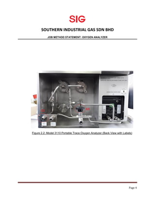 SOUTHERN INDUSTRIAL GAS SDN BHD
JOB METHOD STATEMENT: OXYGEN ANALYZER
Page 4
Figure 2.2: Model 3110 Portable Trace Oxygen Analyzer (Back View with Labels)
 