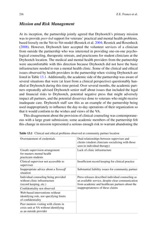 216
Mission and Risk Management
At its inception, the partnership jointly agreed that Dryhootch’s primary mission
was to provide peer-led support for veterans’ practical and mental health problems,
based loosely on the Vet-to-Vet model (Resnick et al. 2004; Resnick and Rosenheck
(2008). However, Dryhootch later accepted the volunteer services of a clinician
from outside the partnership who was interested in providing one-on-one psycho-
logical counseling, therapeutic retreats, and practicums for student clinicians at the
Dryhootch location. The medical and mental health providers from the partnership
were uncomfortable with this direction because Dryhootch did not have the basic
infrastructure needed to run a mental health clinic. Some of the clinical and ethical
issues observed by health providers in the partnership when visiting Dryhootch are
listed in Table 13.1. Additionally, the academic side of the partnership was aware of
several situations that were (at least from a clinical perspective) questionably han-
dled at Dryhootch during this time period. Over several months, the academic part-
ners repeatedly advised Dryhootch senior staff about issues that included the legal
and ﬁnancial risks to Dryhootch, potential negative press that might adversely
impact all partners, and the potential disservice done to veterans who might receive
inadequate care. Dryhootch staff saw this as an example of the partnership being
used inappropriately to inﬂuence the day-to-day operations of their organization so
that it would conform to the wishes and views of the VA.
This disagreement about the provision of clinical counseling was contemporane-
ous with a large grant submission; some academic members of the partnership felt
this change in mission represented a serious enough risk to warrant abandoning the
Table 13.1 Clinical and ethical problems observed at community partner location
Overstatement of credentials Dual relationships between supervisee and
clients (student clinicians socializing with those
seen in individual therapy)
Unsafe supervision arrangement
for masters mental health
practicum students
Lack of clinic infrastructure
Clinical supervisor not accessible to
supervisee
Insufﬁcient record keeping for clinical practice
Inappropriate advice about a Tarasoff
situation
Substantial liability issues for community partner
Individual counseling being provided
without clinic infrastructure
(record keeping, etc.)
Press releases described individual counseling as
an available service, despite clear communication
from academic and healthcare partners about the
inappropriateness of these claimsConﬁdentiality not observed
Web-based interventions without
identifying role, nor specifying limits
of conﬁdentiality
Peer mentors visiting with clients in
crisis unit at VA without identifying
as an outside provider
Z.E. Franco et al.
 
