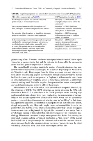 217
Table 13.2 Exploring alignment and tensions between professional codes and CBPR principles
APA ethics code excerpts (APA 2003) CBPR principles (Israel et al. 2005)
Psychologists cooperate and consult with other
professionals to best serve their client
Principle 2—CBPR builds on
strengths and resources within the
community
Are concerned about the ethical compliance of
their colleagues’ scientiﬁc and professional conduct
Principle 3—CBPR facilitates
collaborative, equitable partnerships
in all phases of the research
Do not make false, deceptive, or fraudulent statements
about their training, experience, or competence
Principle 4—CBPR promotes
colearning and capacity building
among all partners
In those emerging areas in which generally recognized
standards for preparatory training do not yet exist,
psychologists nevertheless take reasonable steps
to ensure the competence of their work and to
protect clients/patients, students, supervisees,
research participants, organizational clients,
and others from harm
Principle 7—CBPR involves
systems development through a
cyclical and iterative process
Principle 9—CBPR involves a
long-term process and commitment
grant writing effort. When this sentiment was expressed to Dryhootch, it was again
viewed as a pressure tactic that had the potential to disassemble the partnership
rather than as a genuine expression of concern.
The mental health providers identiﬁed a number of speciﬁc situations that war-
ranted corrective responses according to the American Psychological Association
(APA) ethical code. These ranged from the failure to correct veterans’ misconcep-
tions about credentialing level of the volunteer mental health provider to mental
health trainees on practicum assignments at Dryhootch without on-site supervision
or immediate emergency telephone access to fully trained clinicians as appropriate
for their training level. The initial impulse of the partnership’s mental health provid-
ers was to take immediate action to address these issues.
This impulse to act on APA ethical code standards was tempered, however, by
the principles of CBPR. The CBPR principles are shown alongside the APA code
elements in Table 13.2. A close look at the CBPR principles shows that they urge
professionals to take a longer-term view, emphasizing the maintenance of partner-
ships as well as serving the needs of individual clients. Given that the community
partners expressed deep discontent with what they saw as “meddling” in their inter-
nal, operational decisions, the academic clinical partners felt that immediate action,
though supported by the APA code, might create an irreconcilable break in the
partnership, and that this would likely diminish the partnership’s ability to support
important outcomes at Dryhootch. In light of this, consultation was sought from a
psychologist outside of the partnership with more experience in community psy-
chology. This outside consultant brought a new perspective. Rather than viewing the
individual veterans seeking services at Dryhootch as “the clients” of the mental
health clinicians in the partnership, the consultant articulated the view that the aca-
demic partners should take an organizational psychology perspective and the client
was really Dryhootch, itself, taken as an entire organizational unit.
13 Professional Ethics and Virtue Ethics in Community-Engaged Healthcare Training
 