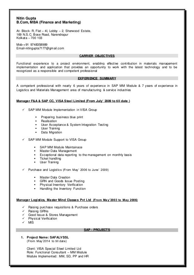 Sap training resume