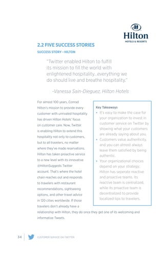 34 CUSTOMER SERVICE ON TWITTER
2.2 FIVE SUCCESS STORIES
SUCCESS STORY - HILTON
For almost 100 years, Conrad
Hilton’s mission to provide every
customer with unrivaled hospitality
has driven Hilton Hotels’ focus
on customer care. Now, Twitter
is enabling Hilton to extend this
hospitality not only to customers,
but to all travelers, no matter
where they’ve made reservations.
Hilton has taken proactive service
to a new level with its innovative
@HiltonSuggests Twitter
account. That’s where the hotel
chain reaches out and responds
to travelers with restaurant
recommendations, sightseeing
options, and other travel advice
in 120 cities worldwide. If those
travelers don’t already have a
relationship with Hilton, they do once they get one of its welcoming and
informative Tweets.
“Twitter enabled Hilton to fulfill
its mission to fill the world with
enlightened hospitality…everything we
do should live and breathe hospitality.”
	 -Vanessa Sain-Dieguez, Hilton Hotels
Key Takeaways
•	 It's easy to make the case for
your organization to invest in
customer service on Twitter by
showing what your customers
are already saying about you.
•	 Customers value authenticity,
and you can almost always
leave them satisfied by being
authentic.
•	 Your organizational choices
depend on your strategy;
Hilton has seperate reactive
and proactive teams. Its
reactive team is centralized,
while its proactive team is
decentralized to provide
localized tips to travelers.
 