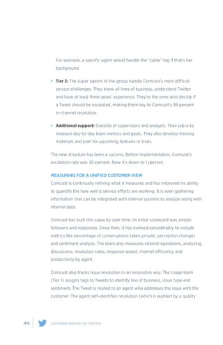44 CUSTOMER SERVICE ON TWITTER
For example, a specific agent would handle the “cable” tag if that’s her
background.
•	 Tier 3: The super agents of the group handle Comcast’s most difficult
service challenges. They know all lines of business, understand Twitter
and have at least three years’ experience. They’re the ones who decide if
a Tweet should be escalated, making them key to Comcast’s 99 percent
in-channel resolution.
•	 Additional support: Consists of supervisors and analysts. Their job is to
measure day-to-day team metrics and goals. They also develop training
materials and plan for upcoming features or trials.
The new structure has been a success. Before implementation, Comcast’s
escalation rate was 30 percent. Now it’s down to 1 percent.
MEASURING FOR A UNIFIED CUSTOMER VIEW
Comcast is continually refining what it measures and has improved its ability
to quantify the how well is service efforts are working. It is even gathering
information that can be integrated with internal systems to analyze along with
internal data.
Comcast has built this capacity over time. Its initial scorecard was simple:
followers and responses. Since then, it has evolved considerably to include
metrics like percentage of conversations taken private, perception changes
and sentiment analysis. The team also measures internal operations, analyzing
discussions, resolution rates, response speed, channel efficiency and
productivity by agent.
Comcast also tracks issue resolution in an innovative way. The triage team
(Tier 1) assigns tags to Tweets to identify line of business, issue type and
sentiment. The Tweet is routed to an agent who addresses the issue with the
customer. The agent self-identifies resolution (which is audited by a quality
 