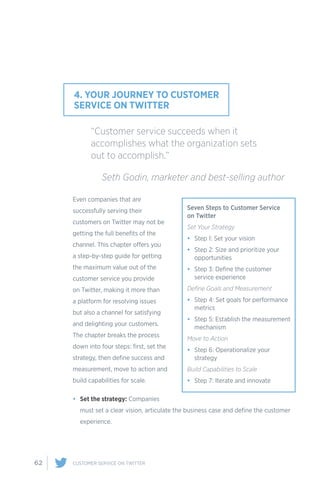 62 CUSTOMER SERVICE ON TWITTER
Even companies that are
successfully serving their
customers on Twitter may not be
getting the full benefits of the
channel. This chapter offers you
a step-by-step guide for getting
the maximum value out of the
customer service you provide
on Twitter, making it more than
a platform for resolving issues
but also a channel for satisfying
and delighting your customers.
The chapter breaks the process
down into four steps: first, set the
strategy, then define success and
measurement, move to action and
build capabilities for scale.
•	 Set the strategy: Companies
must set a clear vision, articulate the business case and define the customer
experience.
4. YOUR JOURNEY TO CUSTOMER
SERVICE ON TWITTER
“Customer service succeeds when it
accomplishes what the organization sets
out to accomplish.”
	 Seth Godin, marketer and best-selling author
Seven Steps to Customer Service
on Twitter
Set Your Strategy
•	 Step 1: Set your vision
•	 Step 2: Size and prioritize your
opportunities
•	 Step 3: Define the customer
service experience
Define Goals and Measurement
•	 Step 4: Set goals for performance
metrics
•	 Step 5: Establish the measurement
mechanism
Move to Action
•	 Step 6: Operationalize your
strategy
Build Capabilities to Scale
•	 Step 7: Iterate and innovate
 