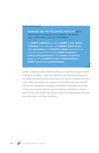 64 CUSTOMER SERVICE ON TWITTER
scratch. Leverage existing materials and focus on how the brand can maintain
consistency on Twitter — with clear information on your brand strategy, you
can design the types of touch points and service that are consistent with that
vision. Hilton, for example, has a brand vision “to fill the earth with the light
and warmth of hospitality.” Hospitality, by definition, includes being friendly
and generous toward customers and non-customers. Therefore, to extend
Hilton’s vision onto Twitter, they provide travelers with personalized travel tips,
even when they’re not Hilton customers.
 