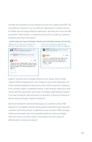 65
Consider two examples for how companies do this well: Zappos and AT&T. Two
very different companies. Two very different approaches to customer service
on Twitter. But two equally effective approaches. Deciding your vision will help
you decide “where to play” in customer service, and can guide your agents to
represent your brand consistently.
Zappos’ customer service strategy reflects its core values, which include
“Deliver WOW Through Service” and “Create Fun and a Little Weirdness.” Its
Tweets combine playfulness and humor as they seek to wow their customers.
If you consider Zappos’ competitive market, it sells products identical to other
online and brick-and-mortar shoe stores. For Zappos, differentiation happens
in the way it presents itself and serves its customers. It strives to reinforce its
brand essence with each customer interaction.
But not all companies need to be like Zappos. As a wireless carrier, AT&T
operates in a competitive market where growth is dependent upon acquiring
customers from other carriers. In addition to issue resolution, AT&T leverages
Twitter to proactively reach out to potential customers who are unhappy
with their service with other carriers, and reinforce one of its points of
differentiation: its extensive network.
ZAPPOS AND AT&T HAVE DIFFERENT VISIONS FOR CUSTOMER SERVICE ON TWITTER
Zappos service-focused vision translates into
high-touch, playful interactions on Twitter...
...AT&T's vision, though less playful, focuses
beyond issue resolution to proactive engagement
 