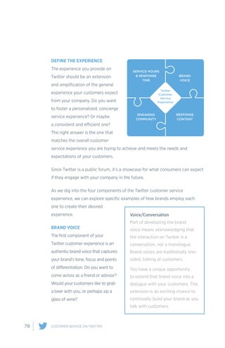 78 CUSTOMER SERVICE ON TWITTER
DEFINE THE EXPERIENCE
The experience you provide on
Twitter should be an extension
and amplification of the general
experience your customers expect
from your company. Do you want
to foster a personalized, concierge
service experience? Or maybe
a consistent and efficient one?
The right answer is the one that
matches the overall customer
service experience you are trying to achieve and meets the needs and
expectations of your customers.
Since Twitter is a public forum, it’s a showcase for what consumers can expect
if they engage with your company in the future.
As we dig into the four components of the Twitter customer service
experience, we can explore specific examples of how brands employ each
one to create their desired
experience.
BRAND VOICE
The first component of your
Twitter customer experience is an
authentic brand voice that captures
your brand’s tone, focus and points
of differentiation. Do you want to
come across as a friend or advisor?
Would your customers like to grab
a beer with you, or perhaps sip a
glass of wine?
Voice/Conversation
Part of developing the brand
voice means acknowledging that
the interaction on Twitter is a
conversation, not a monologue.
Brand voices are traditionally one-
sided, talking at customers.
You have a unique opportunity
to extend that brand voice into a
dialogue with your customers. This
extension is an exciting chance to
continually build your brand as you
talk with customers.
 