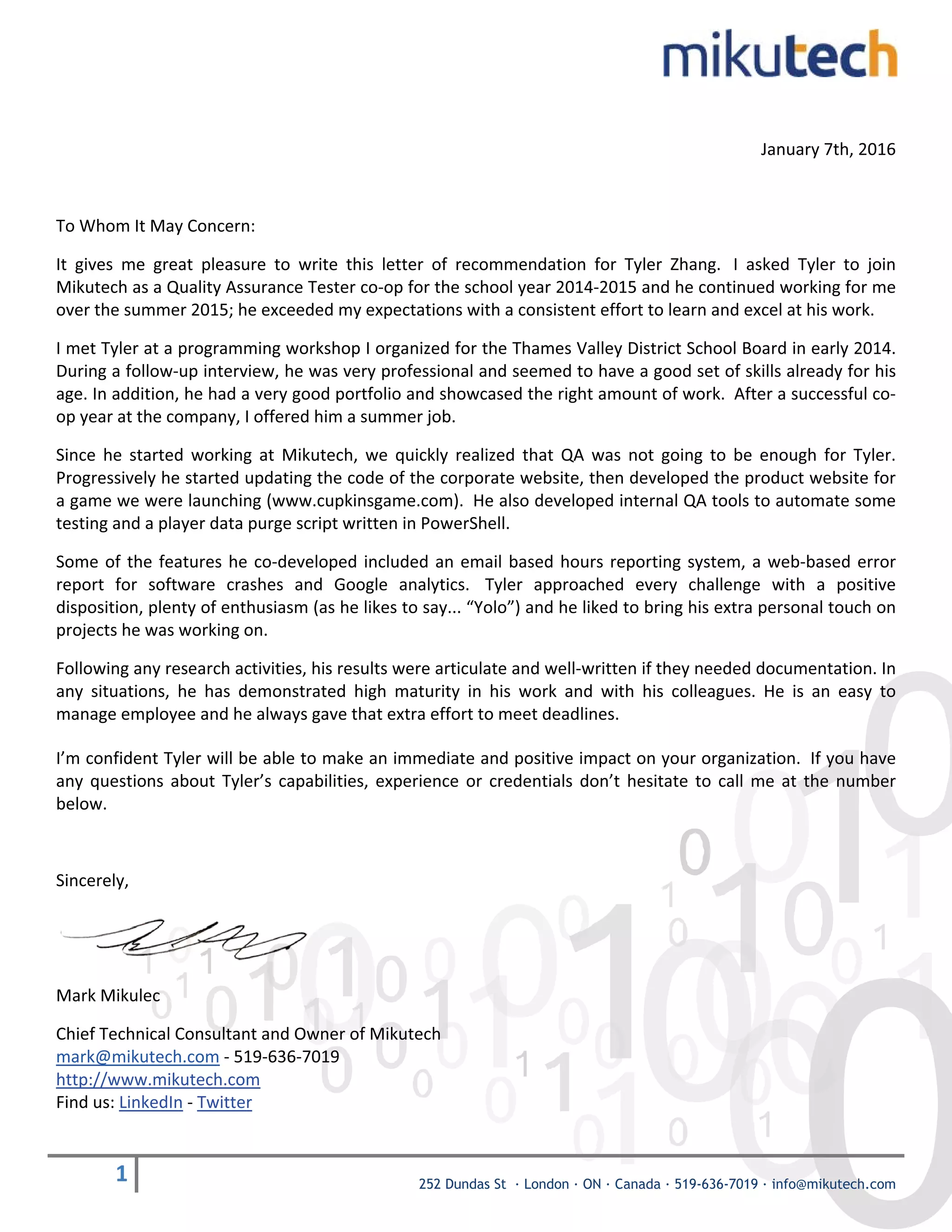 Mikutech_TylerZhang_RecommendationLetter | PDF