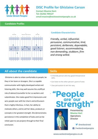 Candidate Profile:
Skills
• A friendly person who has good interpersonal
skills.
• Can listen to the other person's point of view
• Uses persuasion to win her way.
•
www.wotestreetpeople.co.uk
@wotestreet
/wotestreetpeople
DISC Profile for Ghislaine Carson
Contact Maxine Hart:
Tel: 01256 799127
email:maxine@wotewstreetpeople.co.uk
Candidate Characteristics
Friendly, verbal, influential,
persuasive, communicative, kind,
persistent, deliberate, dependable,
good listener, accommodating,
non-demanding, stubborn, firm
and strong-willed.
Presented by:
Maxine Hart
Operations
Director
All about the candidate
Ghislaine is able to relate comfortably to people, be
they in her team or strangers. She is a capable
communicator with highly developed verbal and
listening skills. She may well assume the unofficial
role of advisor/counsellor to her co-workers and
subordinates. She makes good first impressions and
wins people over with her charm and enthusiasm
that is highly infectious. In fact, her ability to
motivate others, and to sell her ideas, products or
concepts is her greatest strength. She demonstrates
persistence in the completion of tasks and can be
relied upon to see projects through to their final
conclusion.
 