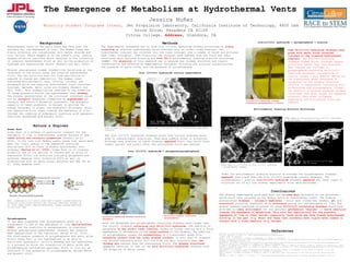 The Emergence of Metabolism at Hydrothermal Vents
Jessica Nuñez
Minority Student Programs Intern, Jet Propulsion Laboratory, California Institute of Technology, 4800 Oak
Grove Drive, Pasadena CA 91109
Citrus College. Address, Glendora, CA
Background
Hydrothermal vents on the early earth may have been the
hatchery for the emergence of life. The Hadean ocean was
highly acidulous and concentrated with carbon dioxide and
iron cations. Water seeped in to the ocean’s crust causing
serpentinization reactions which resulted in the convection
of alkaline hydrothermal fluid as well as the production of
hydrogen and hydrosulfide anions (Russell and Hall 2006).
Mineral precipitates formed chimney-like structures at the
interface of the acidic ocean and alkaline hydrothermal
fluid. The two solutions were far from equilibrium in
regards to charge and composition. The Hadean ocean
contained ferrous/ferric ions, nitrite, nitrate, and
phosphate while the reducing hydrothermal fluid contained
hydrogen, methane, amino acids and formate (Russell and
Hall 2006). This disequilibrium resulted in the formation
of steep gradients across the hydrothermal vent chimney.
The mineral precipitates at the solutions’ interface would
act as inorganic membranes transected by significant pH,
thermal, and electric potential gradients. The energetic
capacity of these gradients is thought to provide the
energy necessary to propel the endergonic processes, which
are imperative first steps towards the emergence of life,
through the coupling of endergonic reactions with exergonic
reactions (Branscomb and Russell 2012).
Nature’s Engines
Green Rust
Green Rust is a mineral of particular interest for the
emergence of life in hydrothermal systems because of its
redox active and catalytic properties (Russell et al.
2014). In the iron rich Hadean ocean, green rust would have
been the likely analog to the magnesium hydroxide
precipitate that is found in modern hydrothermal vent
chimneys (Kelley et al. 2005). Green Rust is of interest
primarily due to its ability to concentrate an array of
substances within its structure including phosphates and
sulfates (Nawalde 2002, Arrhenius 2003) as well as
biomolecules such as amino acids, proteins and RNA (Oh et
al. 2009; Nawalde 2002).
Small compartments form within Green Rust’s double layered hydroxide
structure, restricting diffusion and “forcing” reactions (Russell et
al. 2014) Image Credit: Applied Mineralogy. Double Layered Hydroxide.
22 July 2014. Web.
Pyrophosphate
It has been suggested that pyrophosphate acted as a
predecessor to ATP at the emergence of life (Baltscheffsky
1999), and the stability of pyrophosphate in simulated
mineral precipitated hydrothermal chimneys has recently
been demonstrated in the laboratory (Barge et al. 2014).
The simultaneous presence of polyphosphates and amino acids
within Green Rust is now hypothesized to be able to
facilitate synergistic activity between the two substances,
in a process by which the interaction of amino acids and
polyphosphates synthesizes peptides, which in turn act as
catalysts in the formation of polyphosphates (Milner-White
and Russell 2010).
Methods
The experimental procedure was to form Iron (II/III) hydroxide chimney structures by slowly
injecting an alkaline hydrothermal fluid simulant into an acidic ocean simulant. The
hydrothermal simulant was injected into the ocean simulant over a number of hours and pictures
were taken throughout. Post-injection, the chimneys were removed from the fluid and their
structures were analyzed visually and with JPL’s environmental scanning electron microscope
(ESEM). The objective of this research was to analyze how chimney structure and organic
concentration are affected by experimental variables including the solution concentrations,
the presence of amino acids, and the presence of pyrophosphate.
Iron (II/III) hydroxide control experiments
The Iron (II/III) hydroxide chimneys would form various branches which
grew in unpredictable directions. They were reddish brown in structure.
Although they branches of these chimneys appeared frail they would often
remain upright and intact after the surrounding fluid was removed.
FeOH chimney following a 3 hour
injection.
ESEM image of the solids from an FeOH chimney experiment.
Iron (II/III) hydroxide + phosphate/pyrophosphate
Fe(II/III)-hydroxide chimney containing
phosphate.
Fe(II/III) chimney containing
pyrophosphate.
Both the phosphate and pyrophosphate containing chimneys were larger than
the control chimneys containing only Fe(II/III)-hydroxide. The addition of
phosphate to the acidic ocean simulant caused an orange coating with a fuzzy
appearance to accumulate on the outer surface of the chimney. The addition
of pyrophosphate caused the accumulation of a translucent green film
extending outward from the outer chimney surface. In both sets of chimneys
the accrued substance would fall off from the main structure when the
chimney was removed from the surrounding fluid. The chimney structures
appeared identical to that of the pure Fe(II/III)-hydroxide chimneys with
the exception of being larger.
Iron(II/III) hydroxide + pyrophosphate + alanine
Iron(II/III)-hydroxide chimney
containing pyrophosphate + alanine.
Some Fe(II/III)-hydroxide chimneys were
grown with amino acids (alanine)
included in the injected hydrothermal
simulant. The alanine-containing
chimneys formed thick, straight upward
structures rather than thin branches.
When alanine was included in
pyrophosphate-containing Fe(II/III)-
hydroxide chimneys, the addition of
alanine caused a much greater amount of
the translucent green substance to
accumulate on the chimney structure
relative to experiments containing only
Fe-hydroxide and pyrophosphate. Though
the addition of alanine produced chimney
structures that were larger and appeared
sturdier, they often collapsed
completely the surrounding fluid was
removed.
Environmental Scanning Electron Microscopy
ESEM image of solid from an Iron (II/III) hydroxide
+ pyrophosphate chimney.
ESEM image of solid from an Iron (II/III) hydroxide
+ pyrophosphate + alanine chimney.
Under the environmental scanning electron microscope the pyrophosphate chimneys
appeared less rigid than the iron (II/III)-hydroxide control chimneys. The
pyrophosphate + alanine iron(II/III)-hydroxide chimneys appeared the least rigid in
structure out of all the chimney experiments which were performed.
Conclusions
The chimney experiments performed here are in some ways analogous to the processes
which would have occurred on the Hadean earth at hydrothermal vents. The mineral
precipitated chimneys - inorganic membranes - would have transected thermal, pH, and
electrical potential gradients while providing energy for the emergence of life. The
double layered hydroxide structure of these Fe(II/III)-containing chimneys would have
provided an ideal environment for the earliest geochemical “engines” to drive reactions
towards the emergence of metabolism. This also has implications for the possible
emergence of life on other worlds; especially those which may have hosted hydrothermal
activity in the past (e.g. Mars) and those that currently have liquid water oceans in
contact with a rocky seafloor (e.g. Europa).
References
Arrhenius, G.O. (2003) Crystals and Life. Helvetica Chimica Acta, 86, 1569-1586
Oh, J.-M., Biswick, T. T., Choy, J.-H. (2009) Layered nanomaterials for green materials.
J. Mater. Chem., 19, 2553–2563
Barge, L. M., I. J. Doloboff, M. J. Russell, D. VanderVelde, L. M. White, G. D. Stucky, M.
M. Baum, J. Zeytounian, R. Kidd and I. Kanik (2014) Pyrophosphate synthesis in iron mineral films and membranes simulating prebiotic submarine hydrothermal precipitates
Geochimica et Cosmochimica Acta 128: 1-12
Branscomb E., M.J. Russell. (2012) Turnstiles and bifurcators: The disequilibrium converting engines that put metabolism on the road. Biochimica et Biophysica Acta
Kelley D. S., Karson J. A., Früh-Green G. L., Yoerger D. R., Shank T. M., Butterfield D.
A., Hayes J. M., Schrenk M. O., Olson E. J., Proskurowski G., Jakuba M., Bradley A., Larson B., Ludwig K., Glickson D., Buckman K., Bradley A. S., Brazelton W. J., Roe K.,
Elend M. J., Delacour A., Bernasconi S. M., Lilley M. D., Baross J. A., Summons R. E. and Sylva S. P. (2005). A serpentinite-hosted ecosystem: the Lost City hydrothermal
field. Science 307, 1428–1434.
Milner-White, J., M. J. Russell. (2010) Polyphosphate-Peptide Synergy and the Organic Takeover at the Emergence of Life. Journal of Cosmology, 10: 3217-3229
Russell, M. J., L. M. Barge, R. Bhartia, D. Bocanegra, P. J. Bracher, E. Branscomb, R.
Kidd, S. McGlynn, D. H. Meier, W. Nitschke, T. Shibuya, S. Vance, L. M. White and I. Kanik (2014) The drive to life on wet and icy worlds. Astrobiology 14(4):
308-343.
Nalawalde, P., Aware, B., Kadam, V. J., Hirlekar, R. S. (2009) Layered double hydroxides: A review. Journal of Scientific and Industrial Research, 68:267-272.
 