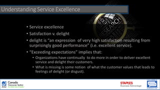 • Service excellence
• Satisfaction v. delight
• delight is “an expression of very high satisfaction resulting from
surprisingly good performance” (i.e. excellent service).
• “Exceeding expectations” implies that:
• Organizations have continually to do more in order to deliver excellent
service and delight their customers.
• What is missing is some notion of what the customer values that leads to
feelings of delight (or disgust).
Understanding Service Excellence
 