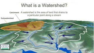 What is a Watershed?
A watershed is the area of land that drains to
a particular point along a stream
Subwatershed
Catchment
 