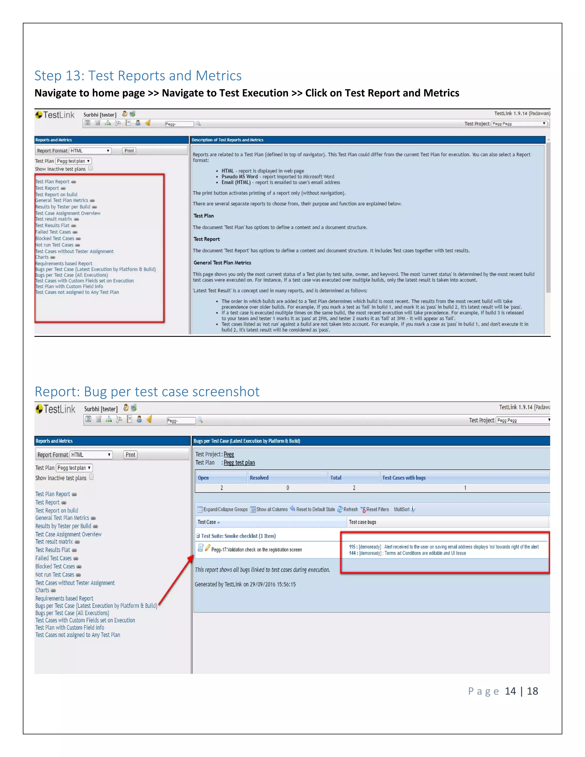 P a g e 14 | 18
Step 13: Test Reports and Metrics
Navigate to home page >> Navigate to Test Execution >> Click on Test Report and Metrics
Report: Bug per test case screenshot
 