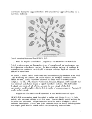 12
competencies that need to shape (and reshape) field representatives’ approach to culture and to
intercultural leadership.
Figure 4: Intercultural Competency Model (UNESCO, 2013)
2. Enact and Respond to Intercultural Competencies with Intentional Self-Reflections
Critical to self-awareness and documenting the arc of personal growth and transformation over
time is intentional self-reflection exercises. The idea of resiliency and how it is manifested in
personal overseas experiences can be helpful to assess the challenges faced and to consider the
approach to resolve them.
Jon Sanders, a licensed clinical social worker who has worked as a psychotherapist in the Peace
Corps’ Counseling and Outreach Unit for over a decade, has developed a resiliency matrix
entitled “the EPIC Journey” to meet the emotional and human needs of the intercultural
workplace. The title, EPIC, stands for “Empowered, Protected, Integrated, and Connected”: four
basic emotional needs humans require to support intercultural resiliency. The chart Sanders
developed is an intentional self-reflection exercise that is an example of what field
representatives should complete within the first six months of overseas assignment. Appendix B
includes a chart example.
3. Support and Share Intercultural Competencies in a Six Month Evaluation Report
All NGO field representatives should be required to read the book Global Dexterity by Andy
Molinsky after six months of being in their host region. As a user-friendly guided handbook for
the international professional, it helps readers draft a concrete plan for developing a cultural
leadership autobiography. It draws upon global leadership dimensions to help readers appreciate
their complex global identities and the nuances of code-switching between cultural
 