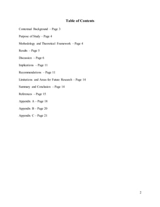 2
Table of Contents
Contextual Background – Page 3
Purpose of Study – Page 4
Methodology and Theoretical Framework – Page 4
Results – Page 5
Discussion – Page 6
Implications – Page 11
Recommendations – Page 11
Limitations and Areas for Future Research – Page 14
Summary and Conclusion – Page 14
References – Page 15
Appendix A – Page 18
Appendix B – Page 20
Appendix C – Page 21
 