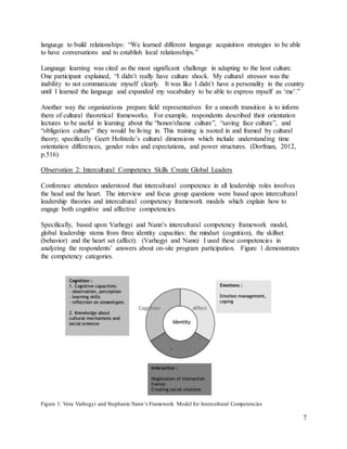 7
language to build relationships: “We learned different language acquisition strategies to be able
to have conversations and to establish local relationships.”
Language learning was cited as the most significant challenge in adapting to the host culture.
One participant explained, “I didn’t really have culture shock. My cultural stressor was the
inability to not communicate myself clearly. It was like I didn’t have a personality in the country
until I learned the language and expanded my vocabulary to be able to express myself as ‘me’.”
Another way the organizations prepare field representatives for a smooth transition is to inform
them of cultural theoretical frameworks. For example, respondents described their orientation
lectures to be useful in learning about the “honor/shame culture”, “saving face culture”, and
“obligation culture” they would be living in. This training is rooted in and framed by cultural
theory; specifically Geert Hofstede’s cultural dimensions which include understanding time
orientation differences, gender roles and expectations, and power structures. (Dorfman, 2012,
p.516)
Observation 2: Intercultural Competency Skills Create Global Leaders
Conference attendees understood that intercultural competence in all leadership roles involves
the head and the heart. The interview and focus group questions were based upon intercultural
leadership theories and intercultural competency framework models which explain how to
engage both cognitive and affective competencies.
Specifically, based upon Varhegyi and Nann’s intercultural competency framework model,
global leadership stems from three identity capacities: the mindset (cognition), the skillset
(behavior) and the heart set (affect). (Varhegyi and Nann) I used these competencies in
analyzing the respondents’ answers about on-site program participation. Figure 1 demonstrates
the competency categories.
Figure 1: Vera Varhegyi and Stephanie Nann’s Framework Model for Intercultural Competencies
 