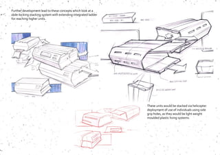 Further development lead to these concepts which look at a
slide-locking stacking system with extending integrated ladder
for reaching higher units.
These units would be stacked via helicopter
deployment of use of individuals using side
grip holes, as they would be light weight
moulded plastic living systems.
 