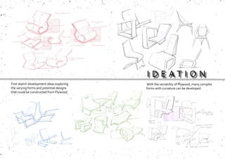 I D E A T I O N
First sketch development ideas exploring
the varying forms and potential designs
that could be constructed from Plywood.
With the versatility of Plywood, many complex
forms with curvature can be developed.
 