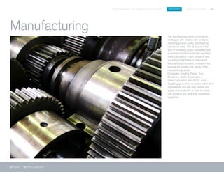 SPIGITENGAGE CUSTOMER SUCCESS BOOK INDUSTRY MANUFACTURING 16
17 Polaris 18 DPR Construction
The manufacturing sector is constantly
challenged with creating new products,
improving product quality, and reducing
operational costs. This all occurs in the
face of increasing global competition and
government and environmental regulation,
making innovation a high priority. In fact,
according to the National Network for
Manufacturing Innovation, innovation has
become the number one priority in the
manufacturing sector.
Companies including Polaris, Tyco
Electronics, Jarden Corporation,
Gates Corporation, and AGCO chose
SpigitEngage to drive innovation within their
organizations and with their partner and
supply chain networks in order to create
new products and drive their competitive
capabilities.
Manufacturing
 