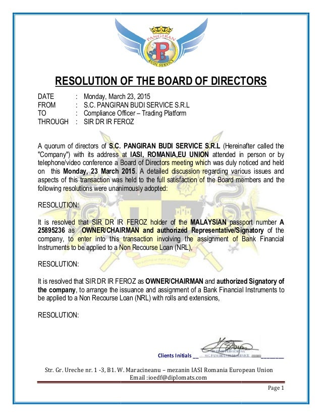 Resolution Of The Board Of Directors
